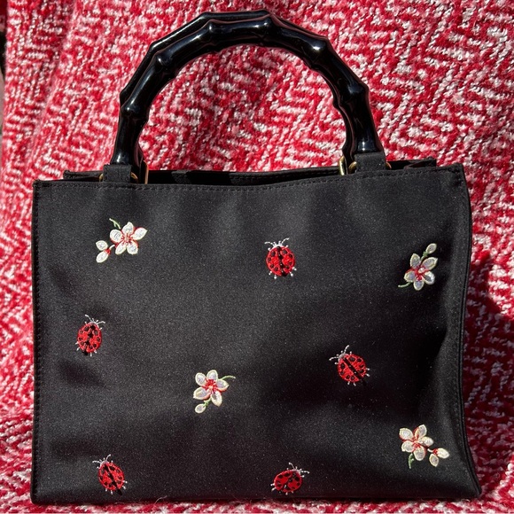 Tianni Black Embroidered Ladybug Handbag Faux Black Bamboo Handles - Picture 2 of 9